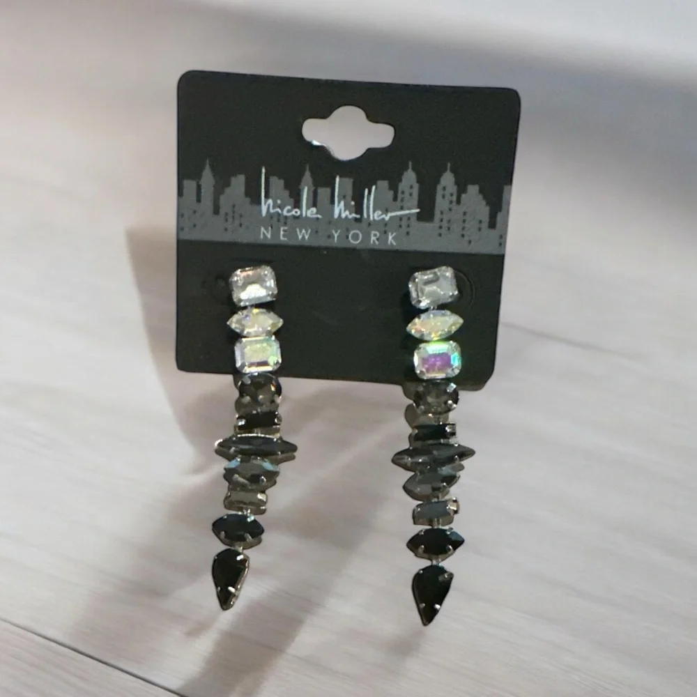Nicole Miller New York Black & Iridescent Crystal Drop Earrings